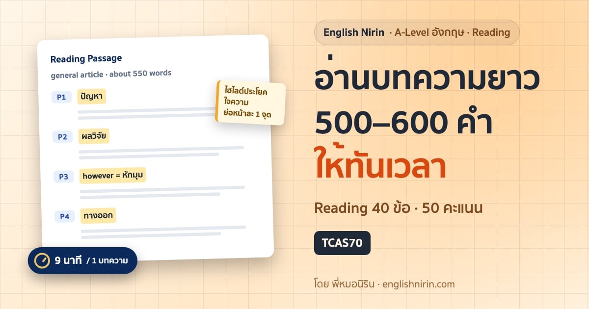 ภาพประกอบ Reading A-Level อังกฤษ — แผ่นบทอ่านยาว 4 ย่อหน้า ไฮไลต์ประโยคใจความของแต่ละย่อหน้า มีโน้ตกำกับข้างย่อหน้า และป้ายจับเวลา 9 นาทีต่อ 1 บทความ